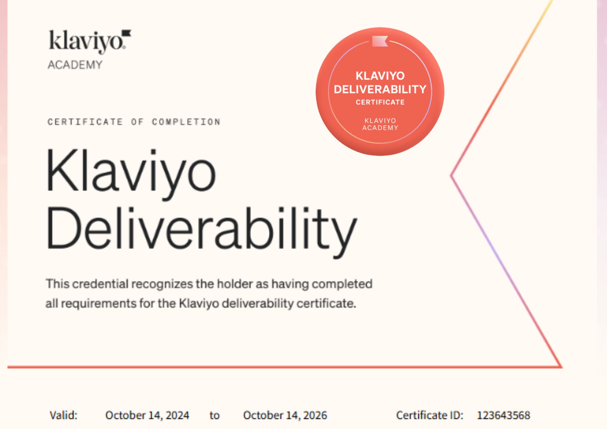 Klaviyo Deliverability certificate