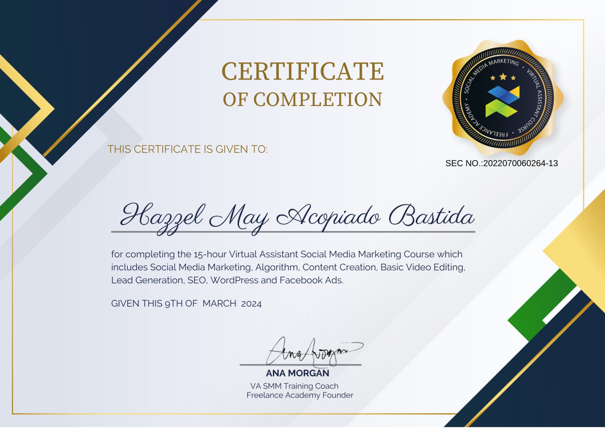 Social Media Marketing (15 hrs) certificate