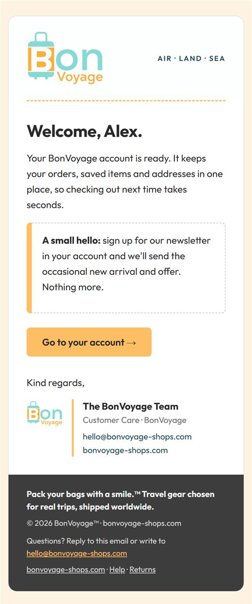 Bon Voyage welcome email