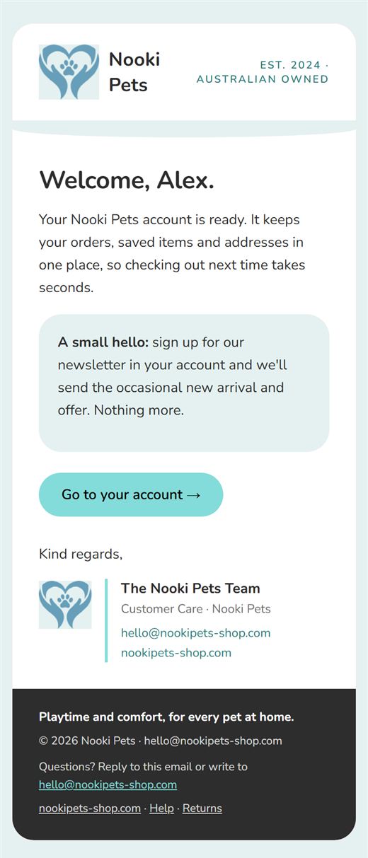 NookiPets welcome email